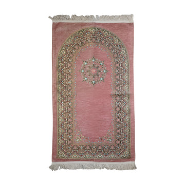 Mihrab Prayer Rug in Dried Rose on a white background, full view with fringed short edges