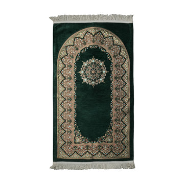 Mihrab Prayer Rug in Emerald Green on a white background, full view with fringed short edges