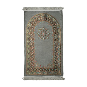 Mihrab Prayer Rug in Gray on a white background, full view with fringed short edges