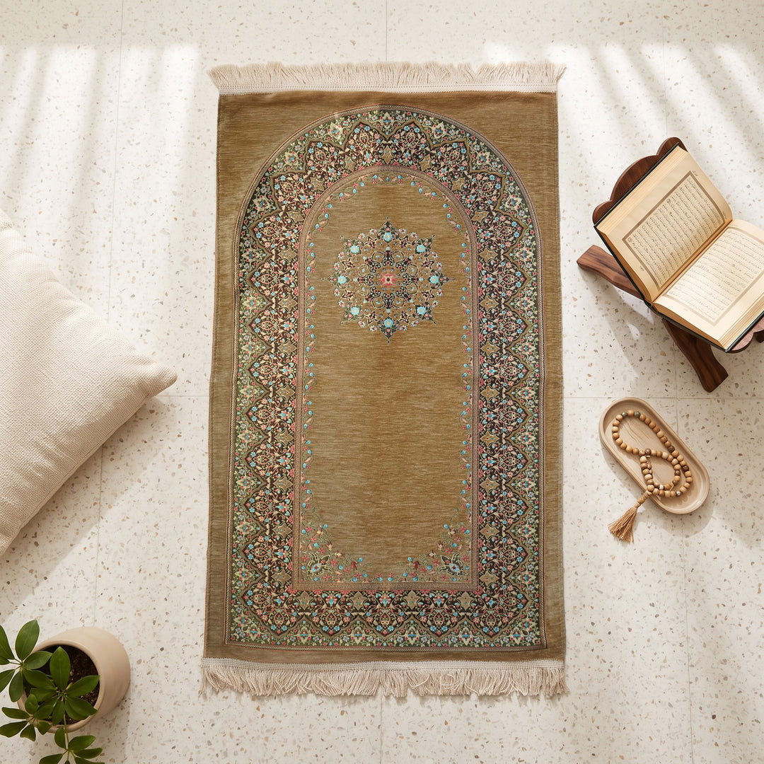 Mihrab Prayer Rug in Mink, top view on the floor next to a Quran stand and cushions