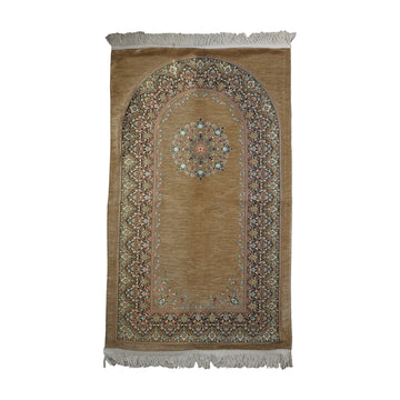 Mihrab Prayer Rug in Mink on a white background, full view with fringed short edges