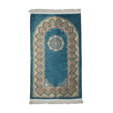 Mihrab Prayer Rug in Petrol Blue on a white background, full view with fringed short edges