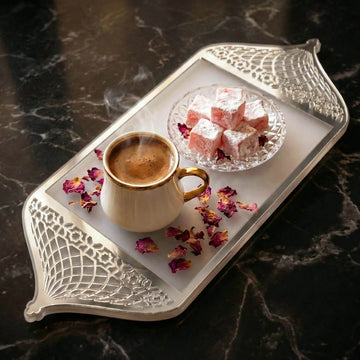 Serviertablett für Ramadan mit Griffen in Form einer Moscheekuppel – Dattel- und Kaffeeplatte