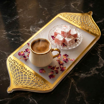 Serviertablett für Ramadan mit Griffen in Form einer Moscheekuppel – Dattel- und Kaffeeplatte
