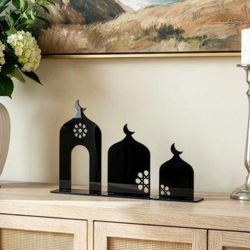 Three-Piece Set Acrylic Mosque Silhouette Stand – Modern Islamic Table Decor & Ramadan Gift