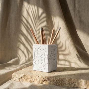 Arabic Letters Stone Cast Pencil Holder – Modern Calligraphy Desktop Organizer