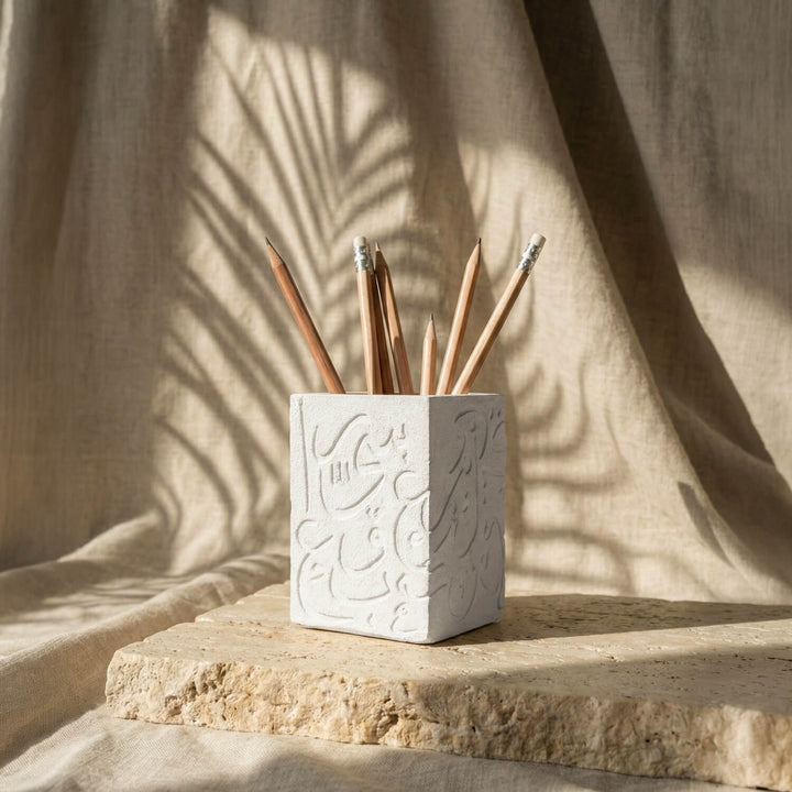 Arabic Letters Stone Cast Pencil Holder – Modern Calligraphy Desktop Organizer
