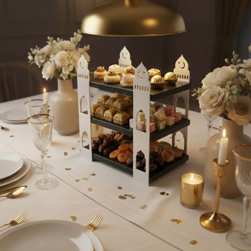 3-stöckige Moschee-Etagere – Ramadan-Dessertturm aus Metall & Holz