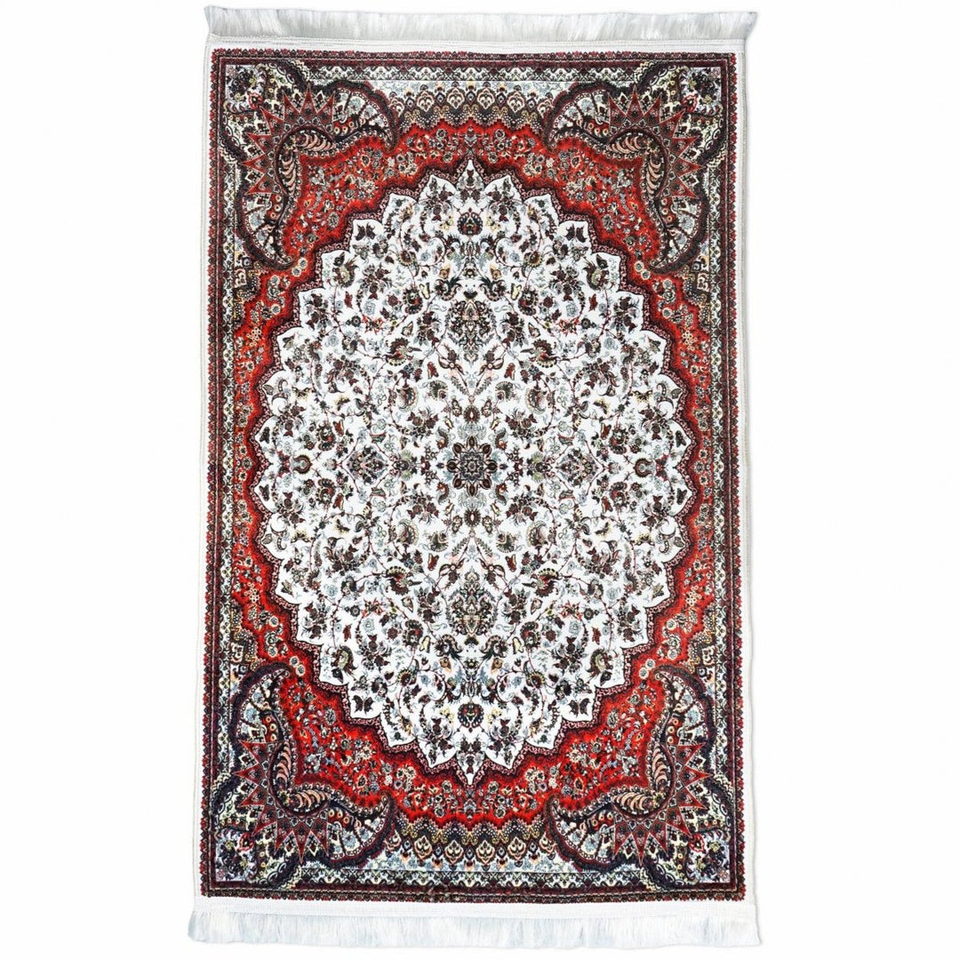 prayer-rug-islamic-white-red-ornate-pattern-soft-fabric-islamicwallartstore