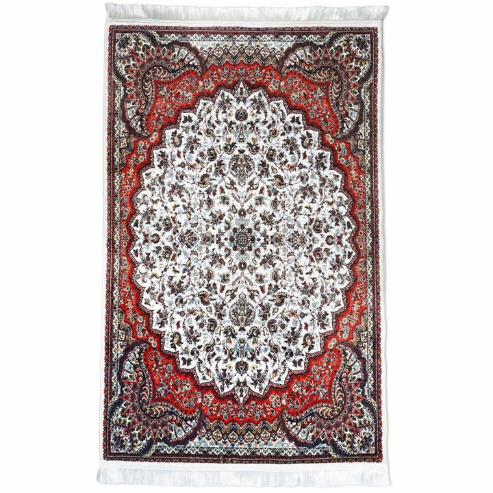 prayer-rug-islamic-white-red-ornate-pattern-soft-fabric-islamicwallartstore