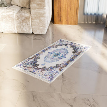 Muslim Prayer Mat - White & Blue Diamond Design - Islamic Wall Art Store