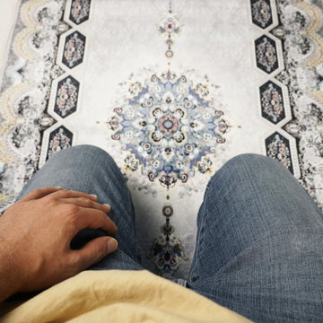 Muslim Prayer Mat - White & Gold Intricate Patterns - Islamic Wall Art Store