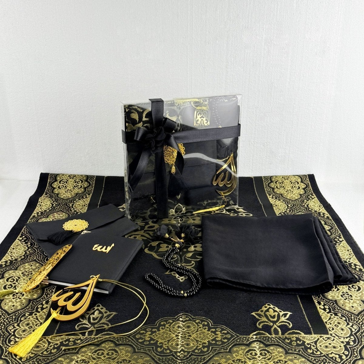 Muslim Prayer Rug, Black Color Prayer Set