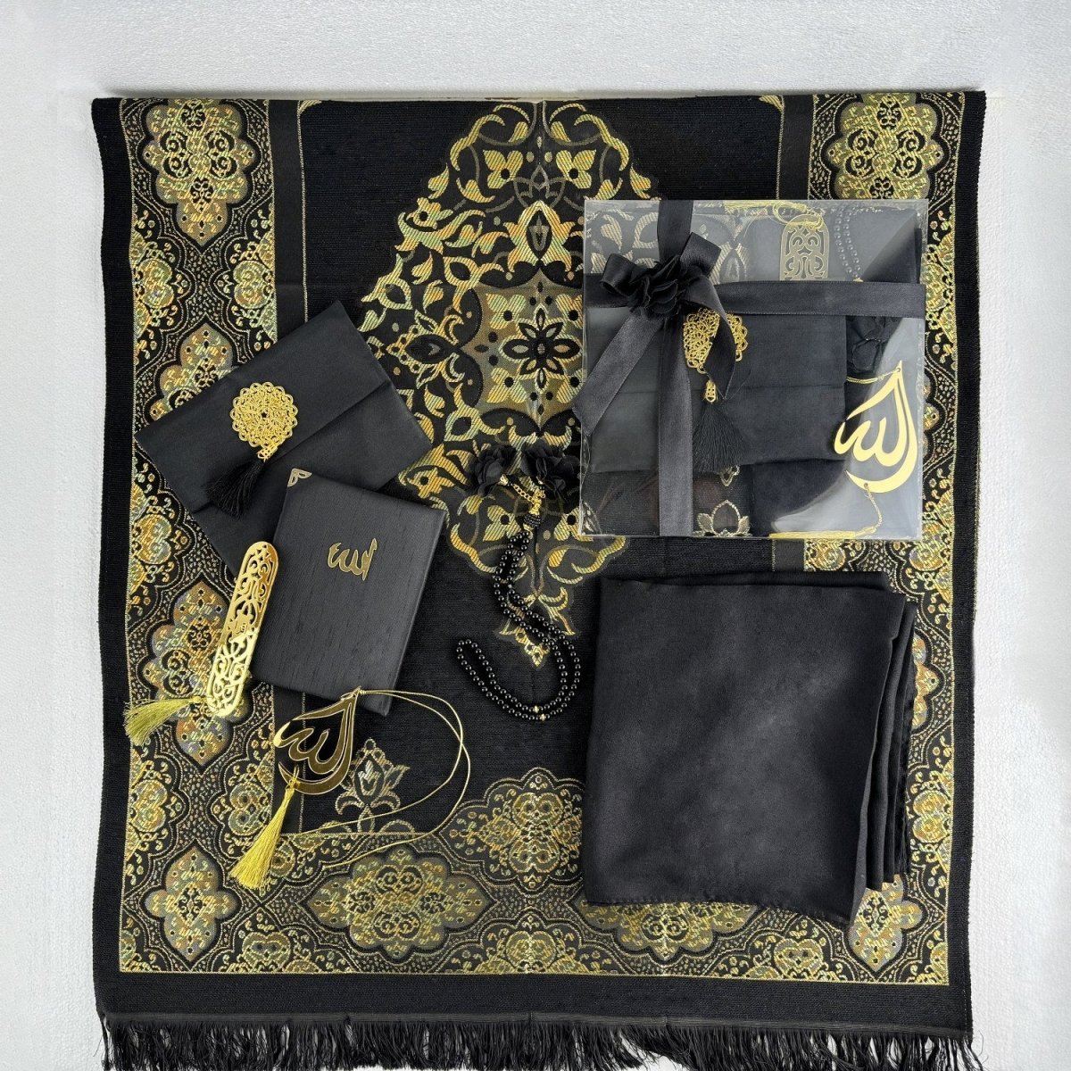 Muslim Prayer Rug, Black Color Prayer Set