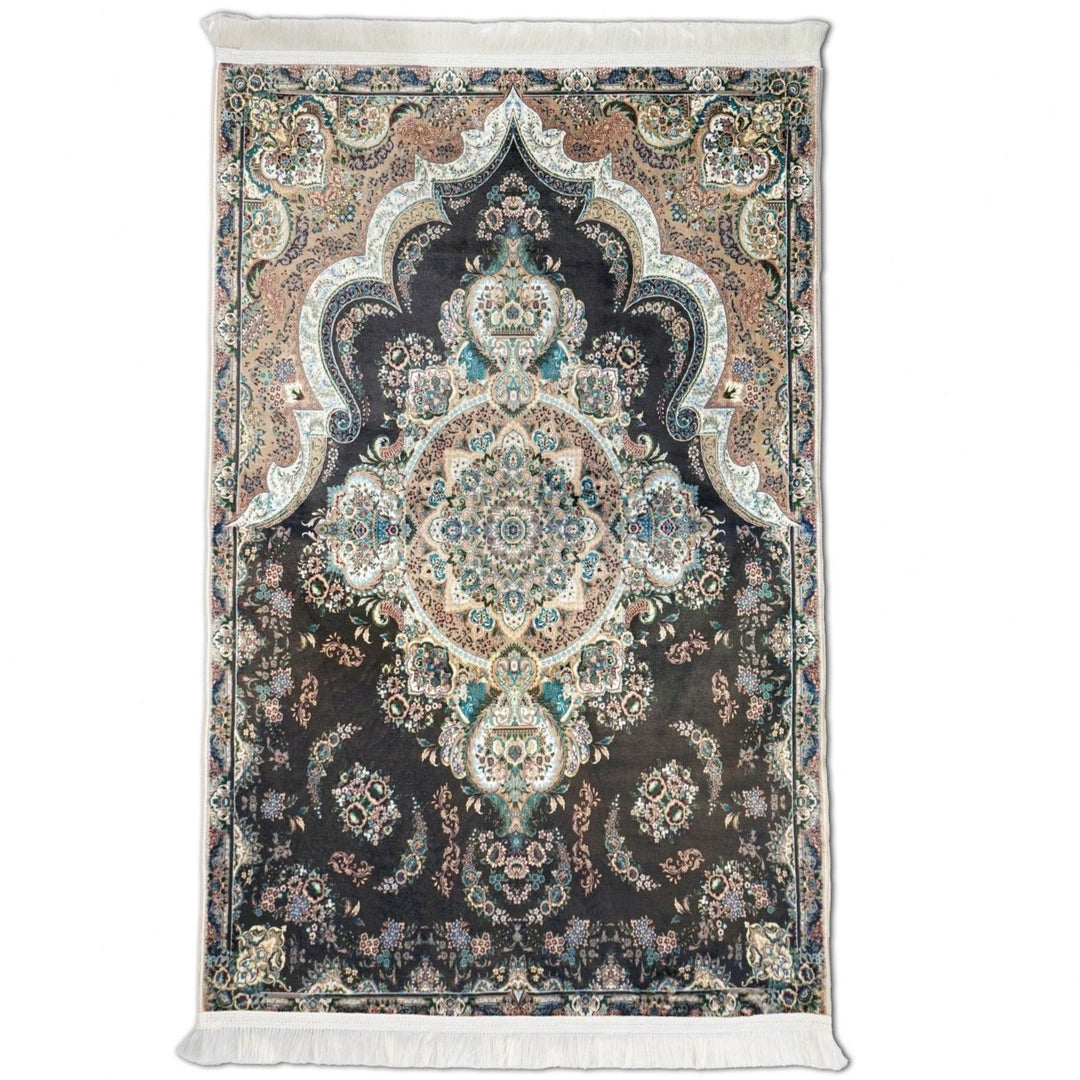 muslim-carpet-praying-black-turquoise-floral-pattern-soft-fabric-islamicwallartstore