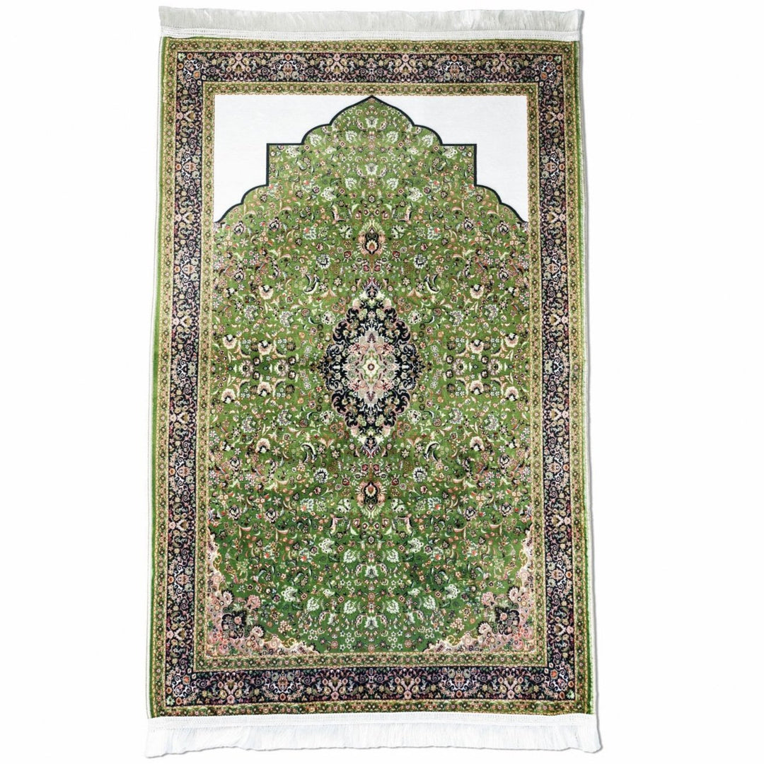 muslim-prayer-rug-green-black-ornate-pattern-soft-fabric-islamicwallartstore