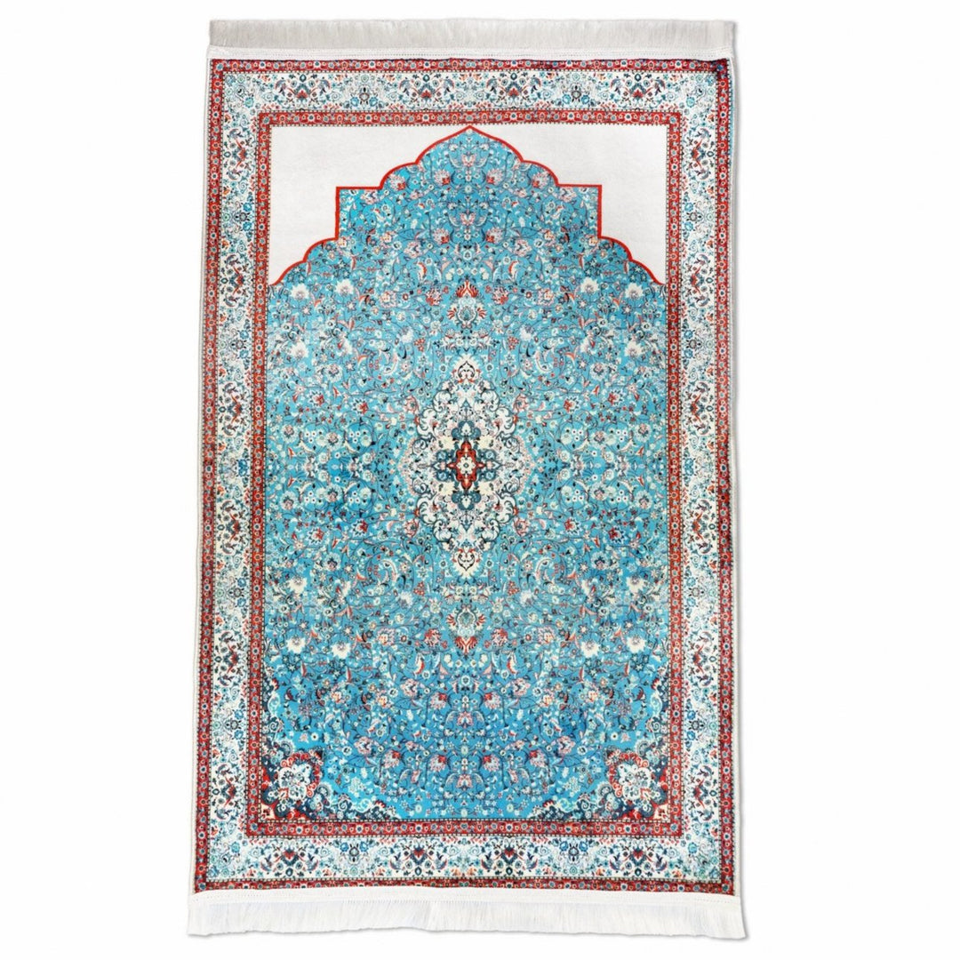 muslim-prayer-rug-turquoise-red-floral-motifs-islamicwallartstore