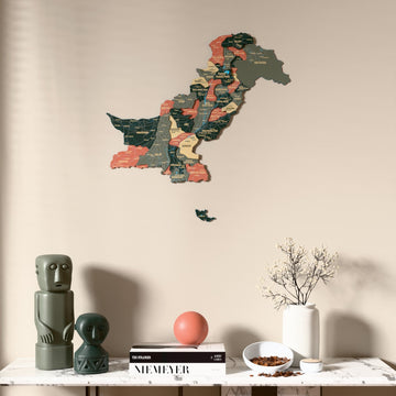 Sage Pakistan wooden wall map above a marble console, front view