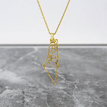 Palestine Map Necklace - 18K Gold Plated Silver Palestine Map Frame Pendant - Islamic Wall Art Store