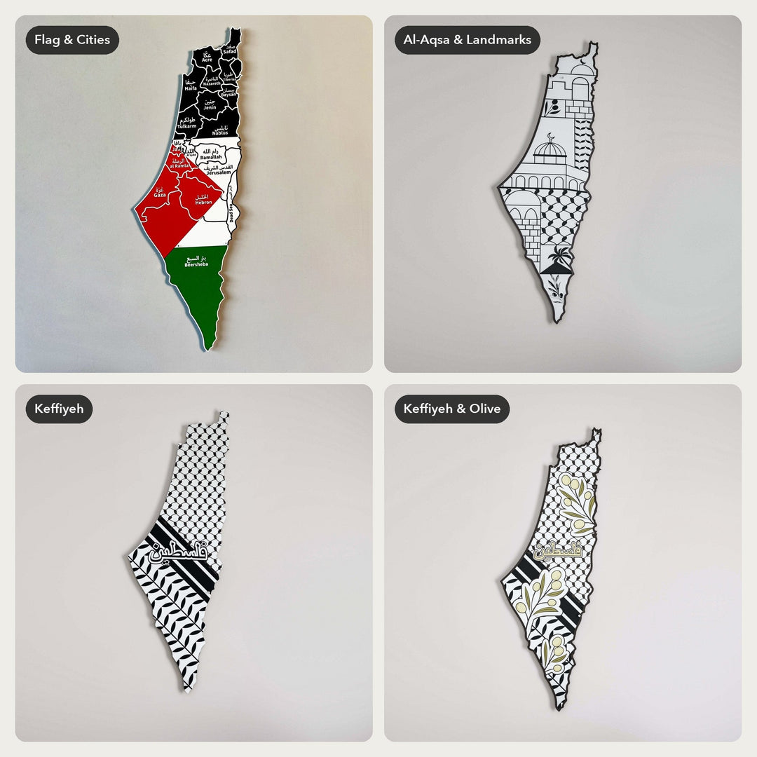 Palestine Wall Map – all designs: Flag & Cities, Al-Aqsa & Landmarks, Keffiyeh, Keffiyeh & Olive