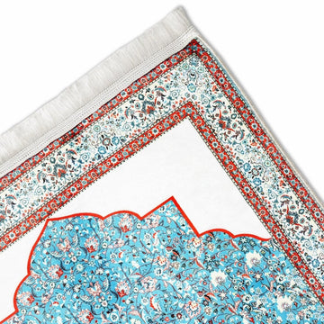 Prayer Carpet - Turquoise & Red Floral Motifs, Muslim Prayer Mat - Islamic Wall Art Store