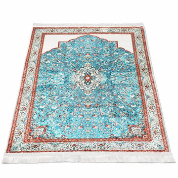 Prayer Carpet - Turquoise & Red Floral Motifs, Muslim Prayer Mat - Islamic Wall Art Store