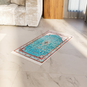 Prayer Carpet - Turquoise & Red Floral Motifs, Muslim Prayer Mat - Islamic Wall Art Store