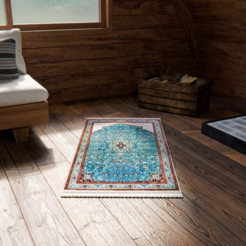 Prayer Carpet - Turquoise & Red Floral Motifs, Muslim Prayer Mat - Islamic Wall Art Store