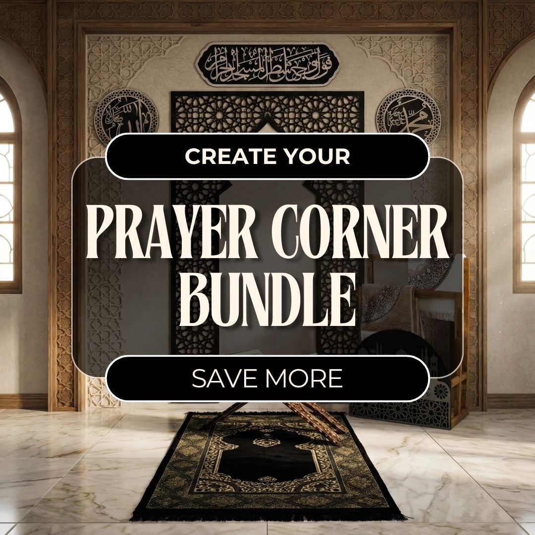 Create your prayer corner bundle graphic with a black prayer rug before a carved mihrab wall