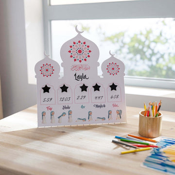 Prayer Schedule Decor for Kids - Metal Islamic Table Art, Name Customization - Islamic Wall Art Store