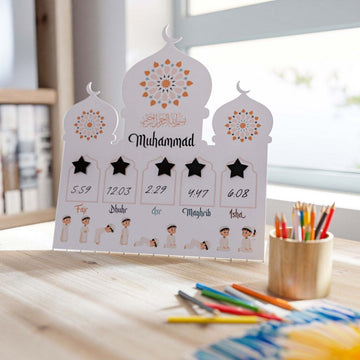 Prayer Schedule Decor for Kids - Metal Islamic Table Art, Name Customization - Islamic Wall Art Store