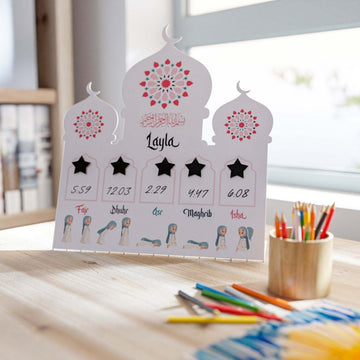Prayer Schedule Decor for Kids - Metal Islamic Table Art, Name Customization - Islamic Wall Art Store