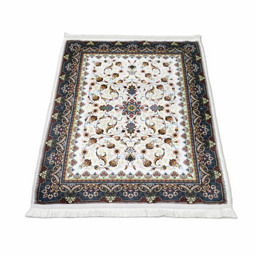 Praying Rug Islam - White & Navy Floral Patterns Islamic Prayer Mat - Islamic Wall Art Store