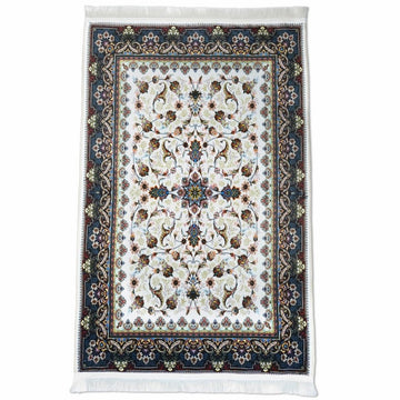 Praying Rug Islam - White & Navy Floral Patterns Islamic Prayer Mat - Islamic Wall Art Store