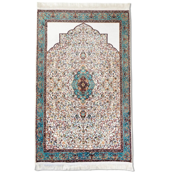 islamic-prayer-rugs-aqua-beige-ornate-pattern-soft-fabric-islamicwallartstore