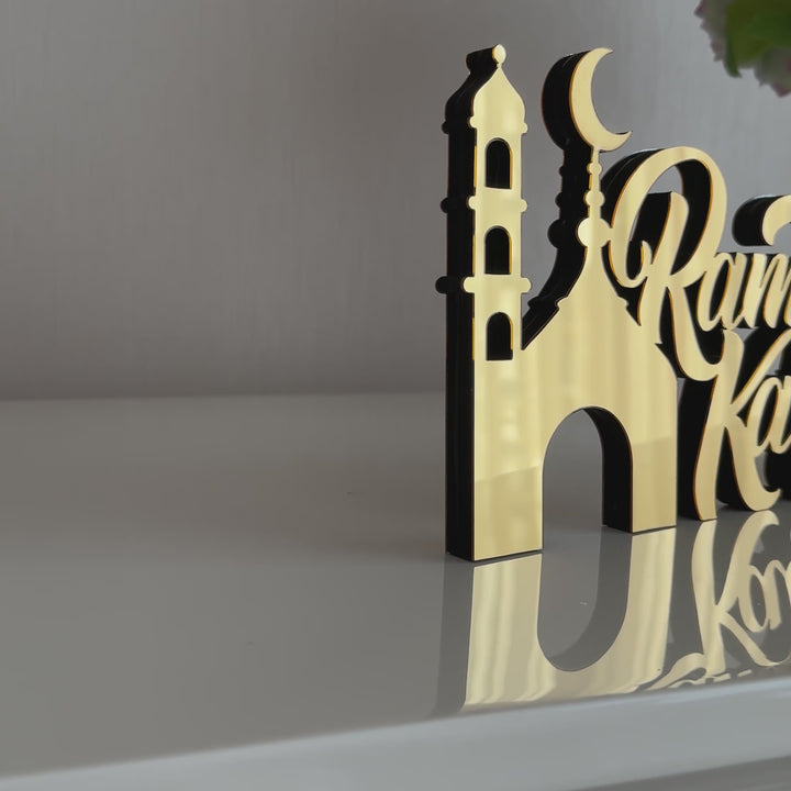gold-colored-ramadan-kareem-english-islamic-tabletop-decor-video-with-minaret-handcrafted-gift-islamicwallartstore