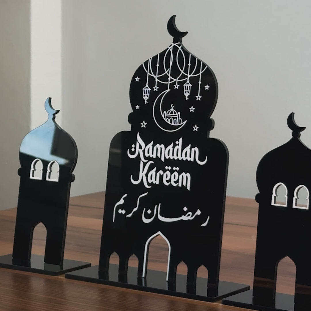 Ramadan Kareem Acrylic Mosque Table Decor Set – Modern Black & White Centerpiece