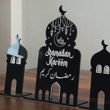 Ramadan Kareem Acrylic Mosque Table Decor Set – Modern Black & White Centerpiece