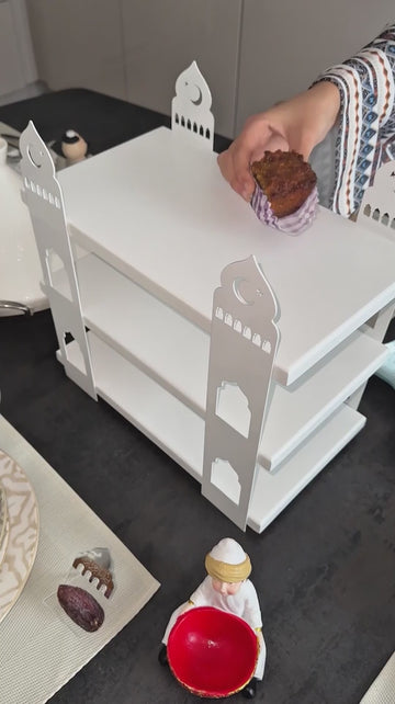 3-stöckige Moschee-Etagere – Ramadan-Dessertturm aus Metall & Holz