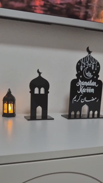 Ramadan Kareem Acrylic Mosque Table Decor Set – Modern Black & White Centerpiece