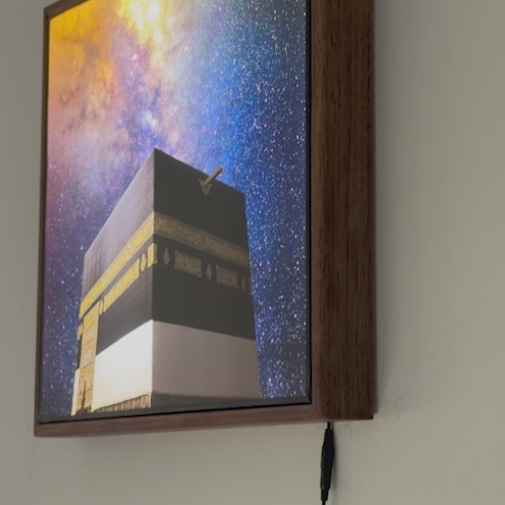 Kaaba, Bayt Allah - Islamic Wall Art, Fabric Printing | LED Lighted - Milky Way Background