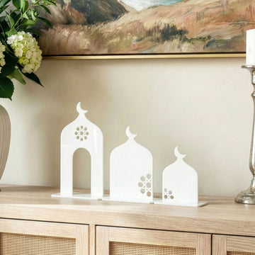 Three-Piece Set Acrylic Mosque Silhouette Stand – Modern Islamic Table Decor & Ramadan Gift