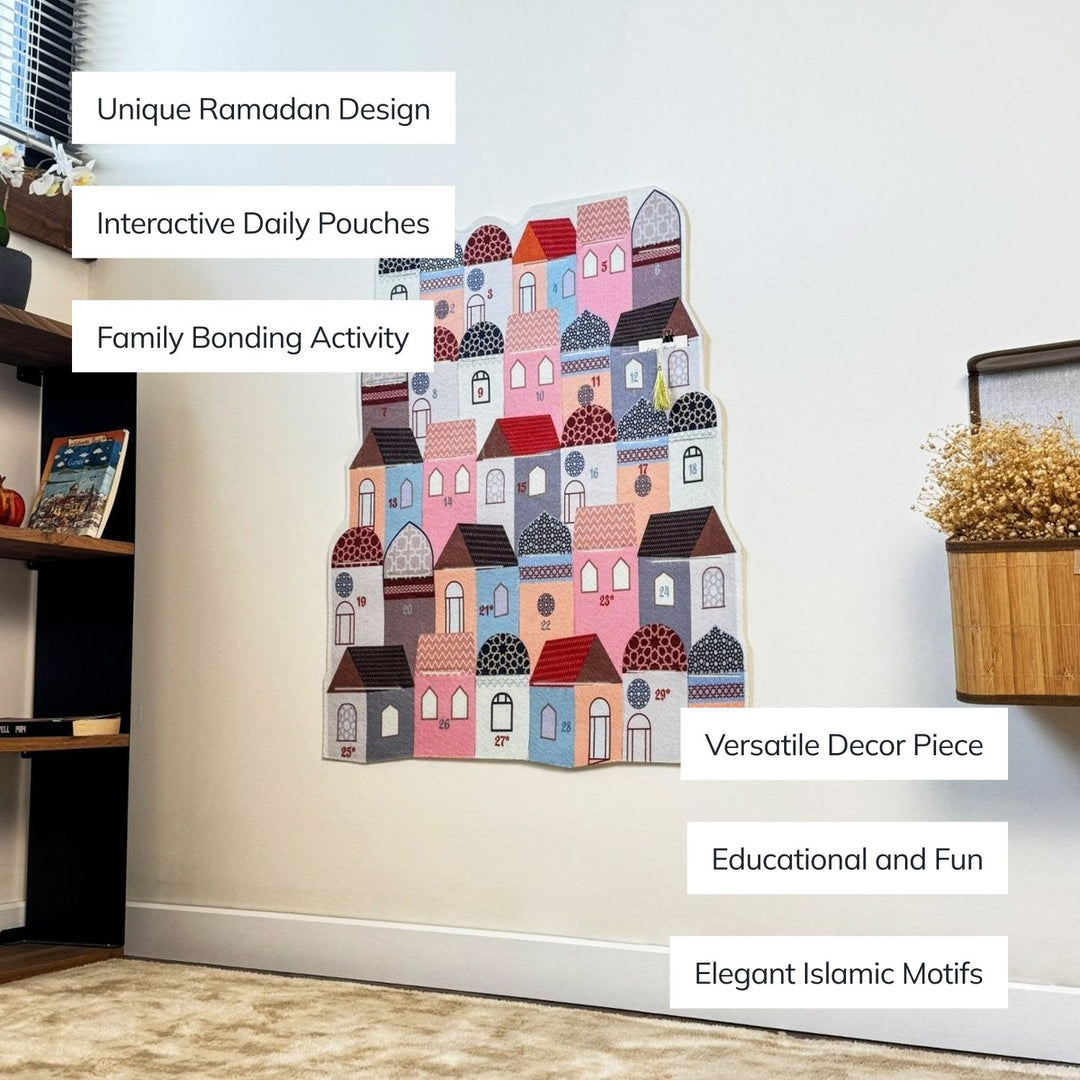 Ramadan calendar and pouch with callouts: simple design, interactive daily pouches, family bonding activity