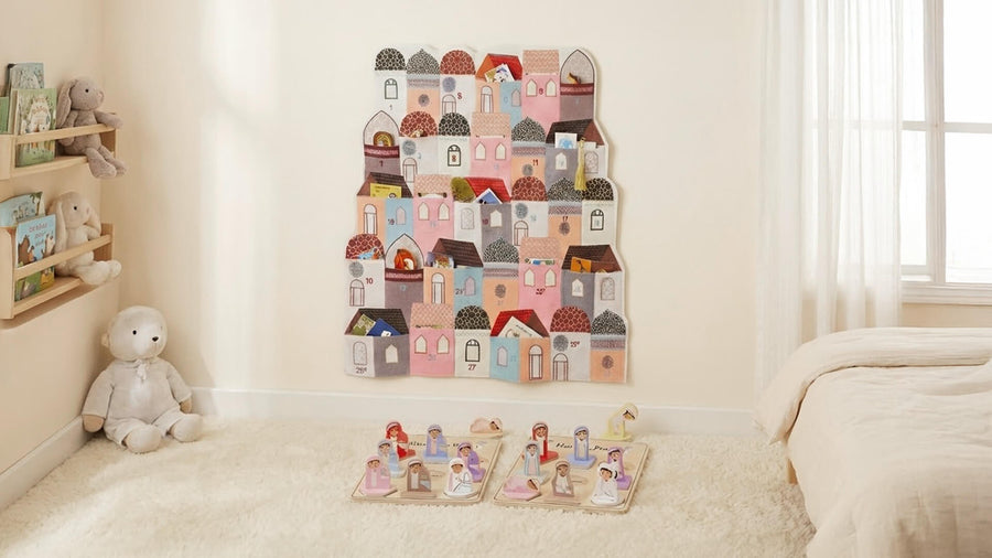 Colorful house-shaped Ramadan calendar pouches on a child's bedroom wall