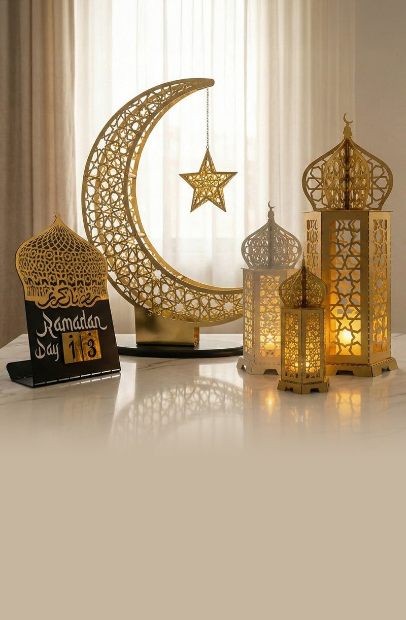Gold crescent, lanterns and Ramadan day calendar on a table, mobile banner