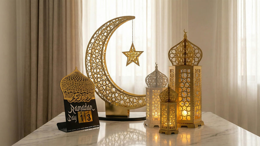 Gold crescent moon, lanterns and Ramadan day calendar arranged on a white console