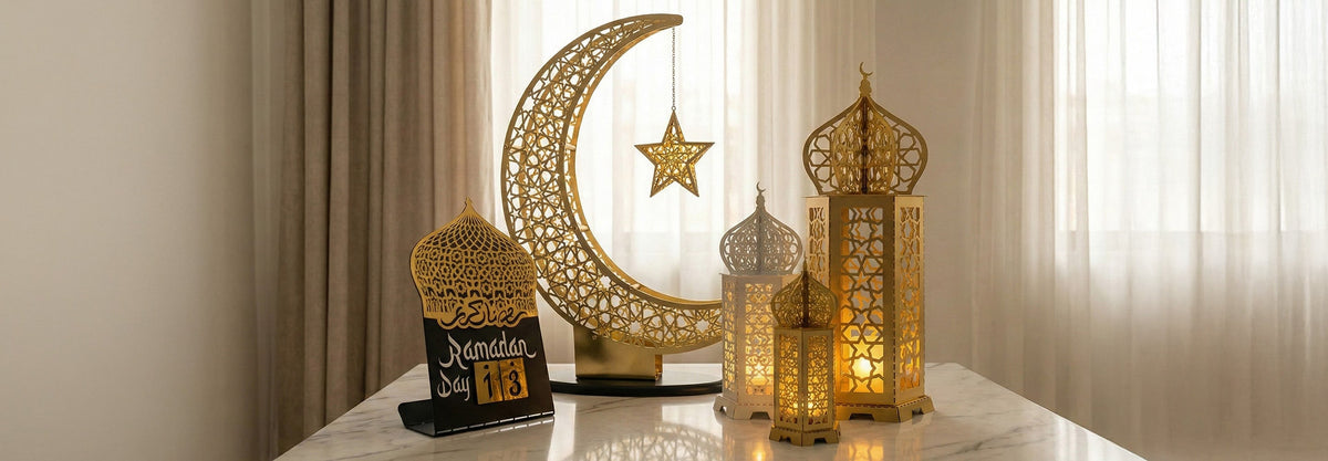 Wide view of a gold crescent, star and lantern Ramadan display with a day calendar