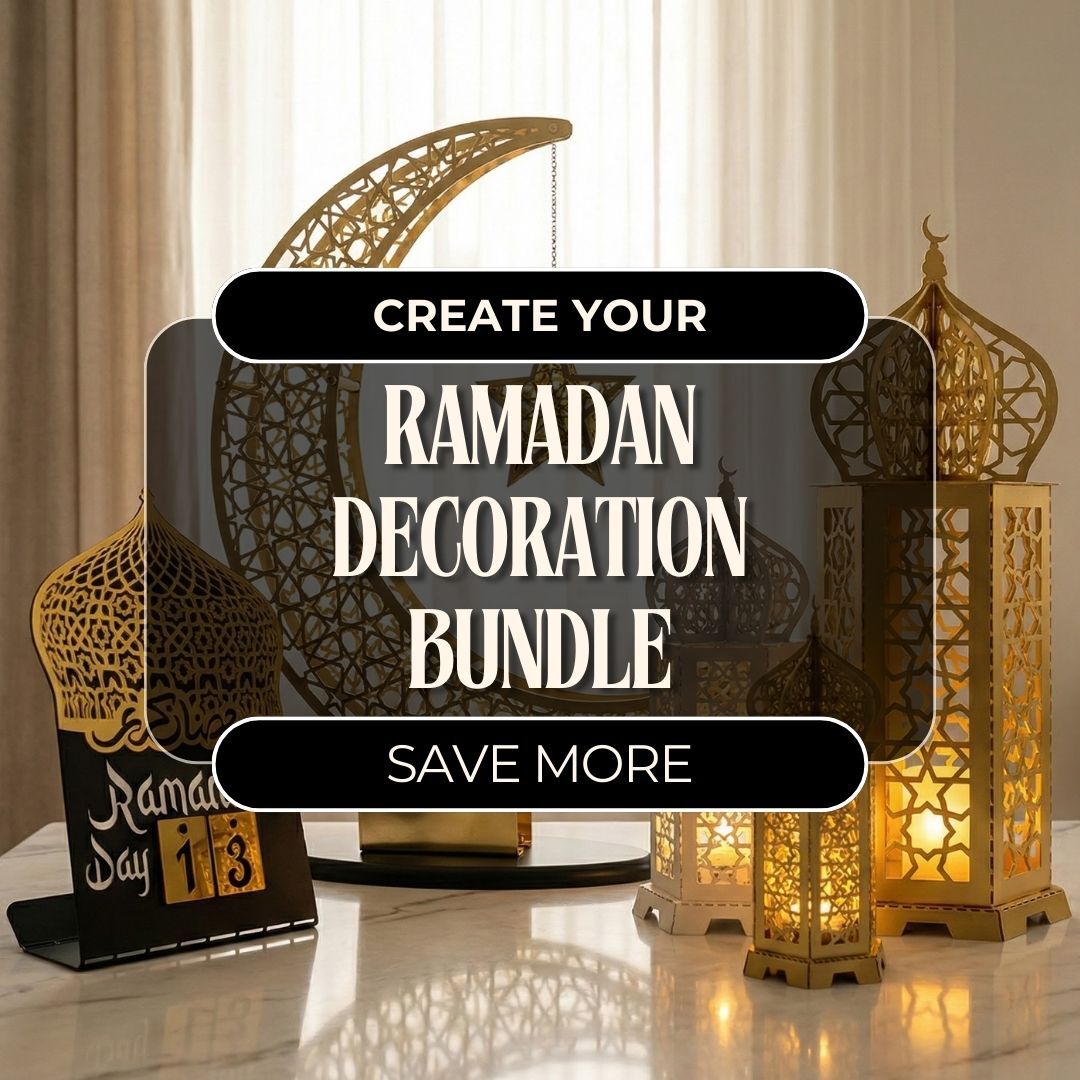 Create your Ramadan decoration bundle banner over gold lanterns, crescent stand and a Ramadan day calendar