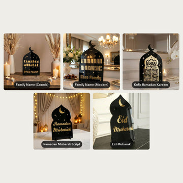 Alle fünf Designs: Familienname (Cosmic), Familienname (Modern), Kufi Ramadan Kareem, Ramadan Mubarak Schrift und Eid Mubarak