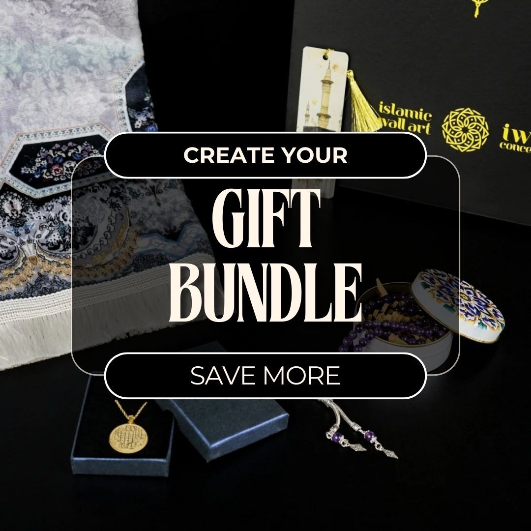 Gift bundle builder banner showing a prayer rug, necklace box, prayer beads and gift boxes on a black background